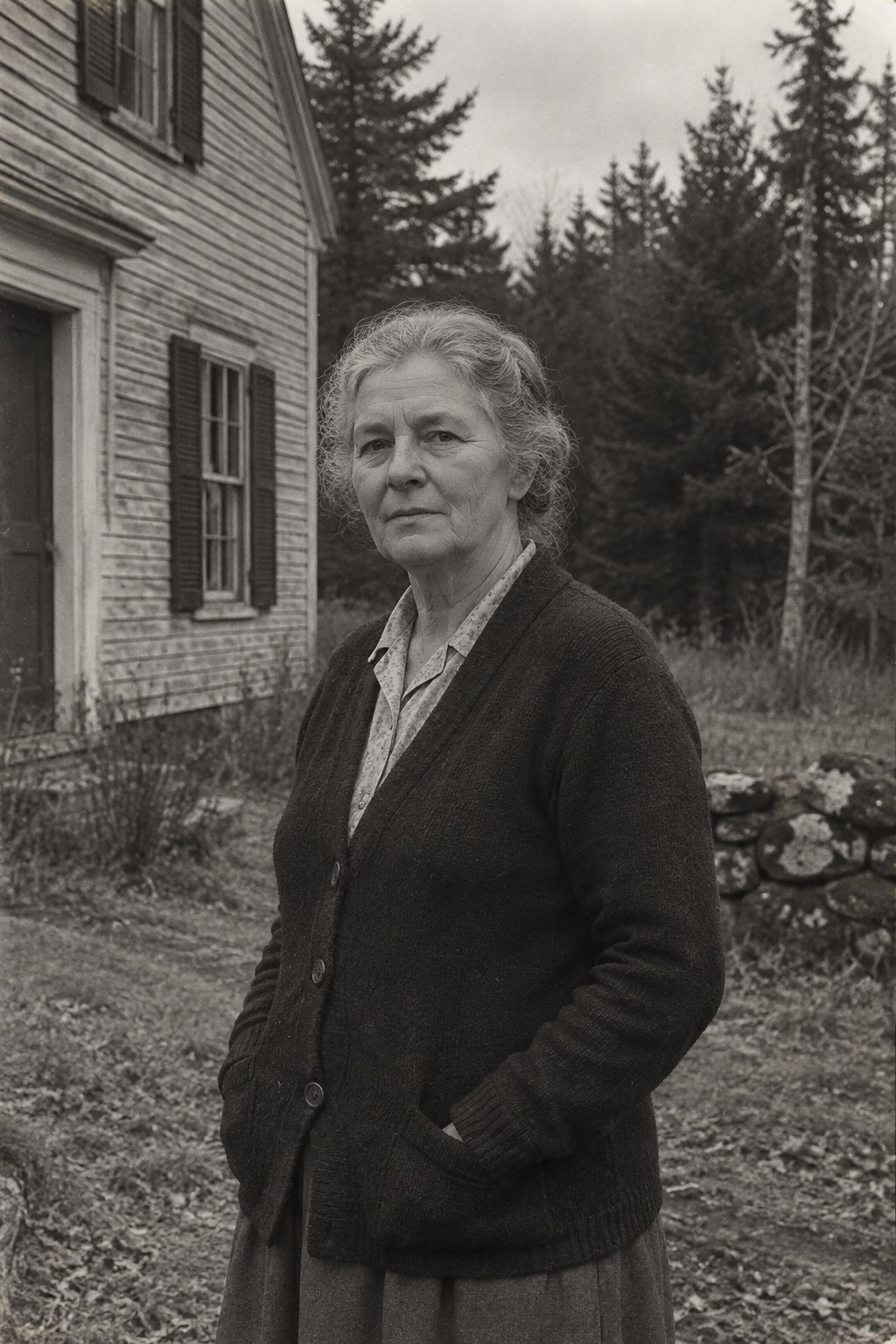 Archival black-and-white photograph of Evelyn Vale standing outside a weathered house near the woods.